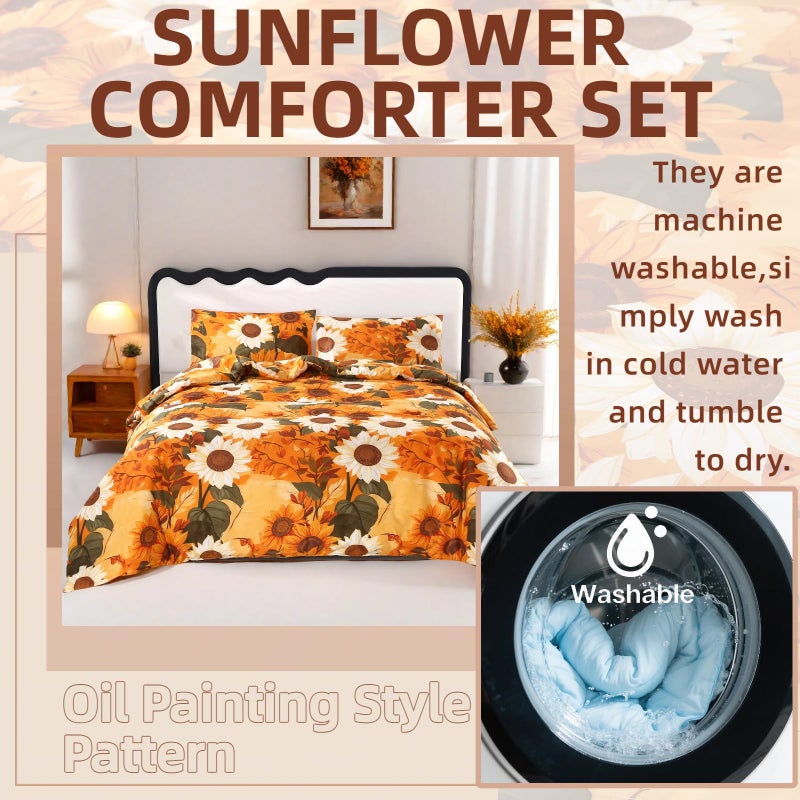 ماج طقم لحاف كامل مكون من 3 قطع عباد الشمس من MAG، أطقم سرير كاملة الحجم من الألياف الدقيقة، نمط زهرة برتقالي بوهو، يشمل كل المواسم 1 لحاف + 2 كيس وسادة للأطفال الأولاد والبنات، مسامي ومتجعد. - Image 4